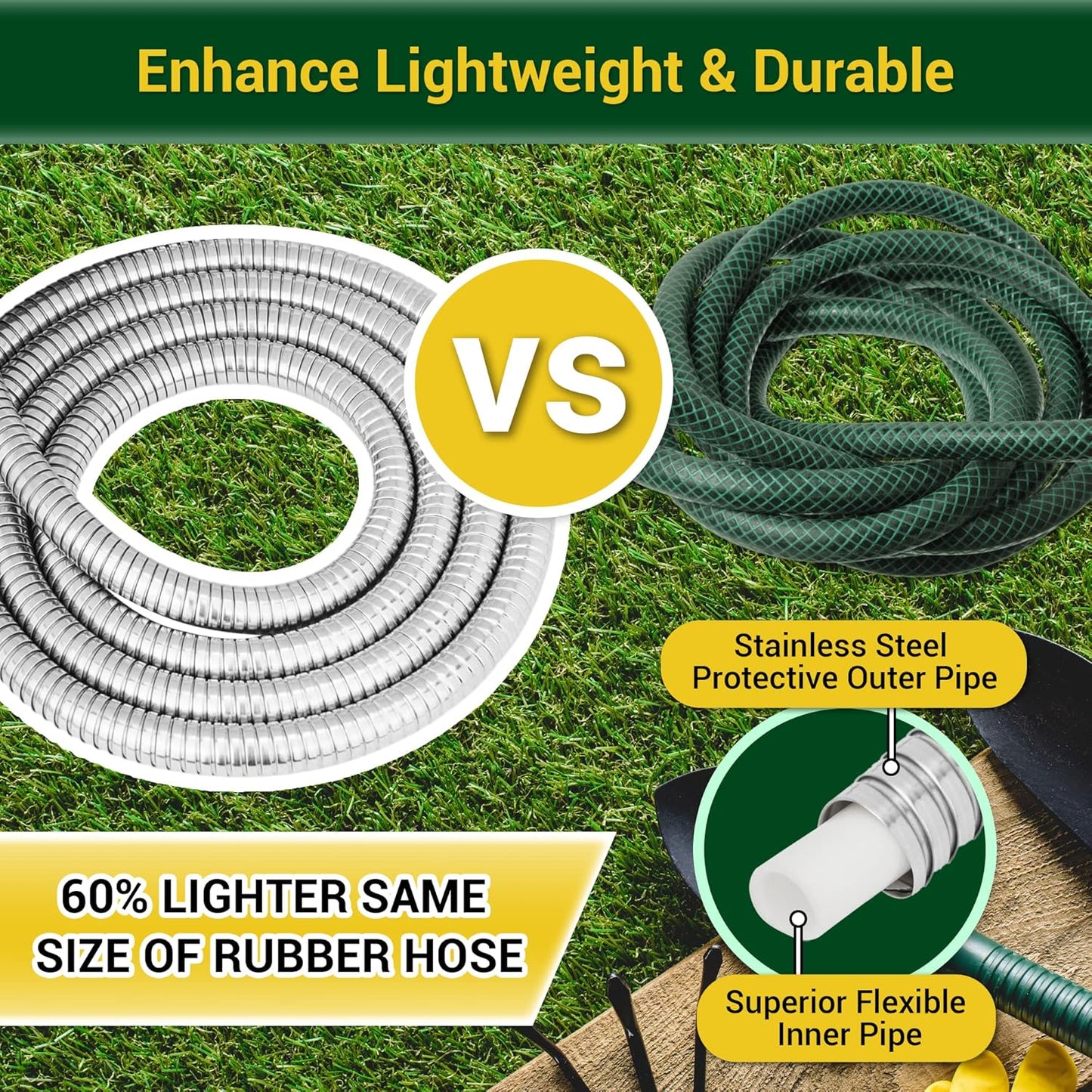 Garden Hose - Water Hose 100 FT with Swivel Handle, Flexible, Heavy Duty, No Kink, Lightweight Metal Hose for Outdoor, Yard, 304 Stainless Steel
