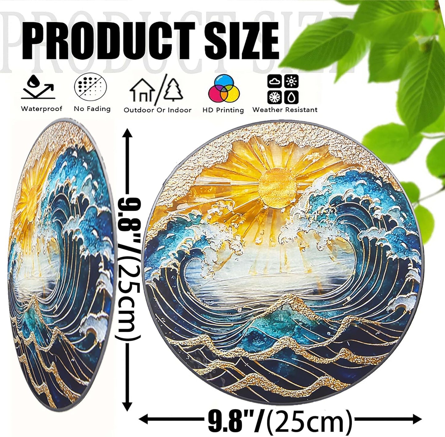 Ocean Wave Sunset Suncatcher Stained Glass Window Hanging - 10" Hand-Painted Sun Catcher Garden Hanging Decoration with Metal Chain Outdoor Garden Decor Gift for Women
