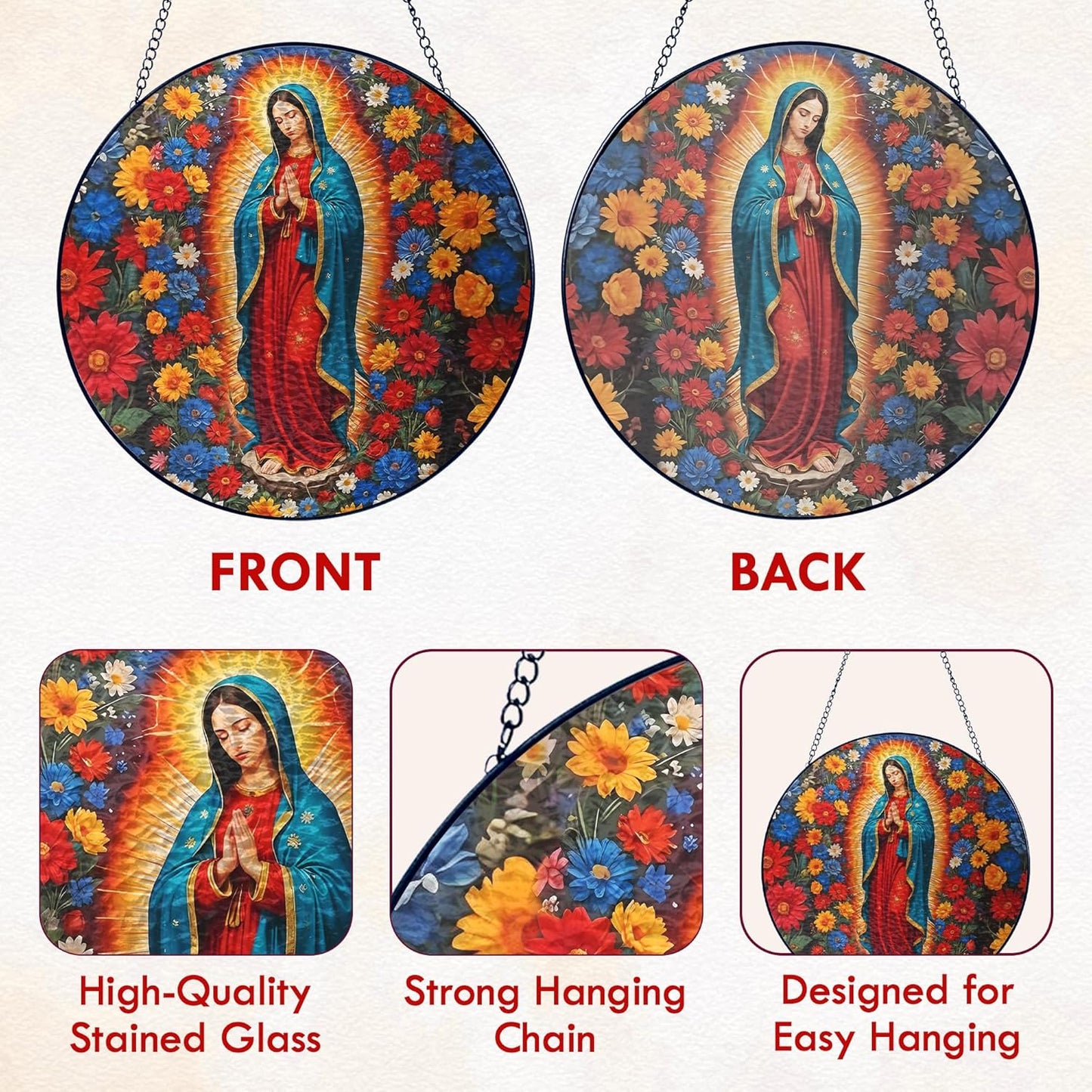 FLAGWIX Christmas Christian Gifts for Women - Virgen De Guadalupe Stained Glass Window Hanging 10 in - Christian Religious Gifts for Women Mom, Our Lady of Guadalupe Sun Catchers Indoor Window