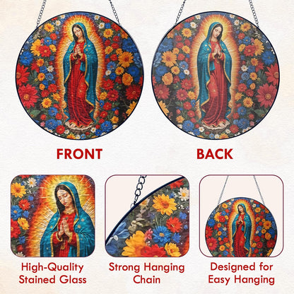 FLAGWIX Christmas Christian Gifts for Women - Virgen De Guadalupe Stained Glass Window Hanging 10 in - Christian Religious Gifts for Women Mom, Our Lady of Guadalupe Sun Catchers Indoor Window