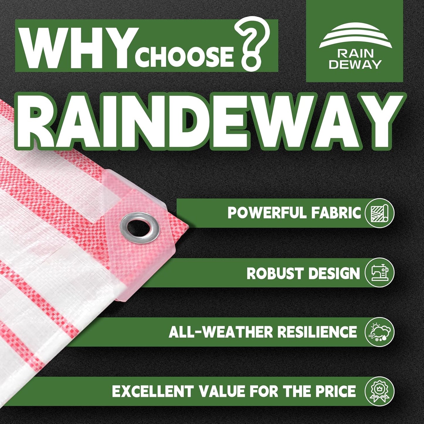 RAINDEWAY Tarps 8x10 Feet,12 Mil Sunshade Striped Tarp Waterproof,Multipurpose Poly Tarp Cover with Grommets and Reinforced Edges,Red/White Tarps