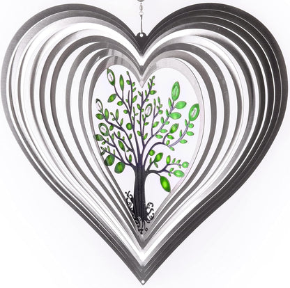 ISEO Silver Heart Wind Spinner for Yard and Garden with Crystals, Hanging Outdoor Decor, Yard Art, Porch and Patio Decorations, Metal Wind Spinners Outdoor, Weather Resistant, 15”