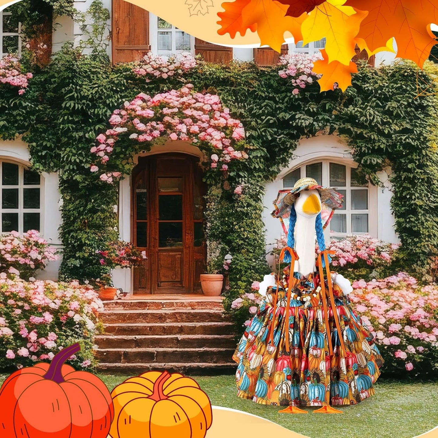 Fall Thanksgiving Goose Outfit Sunflower Porch Goose Costume with Hat Necklace for 23 Autumn Patio Yard Lawn Decor(Multicolor Sunflower)