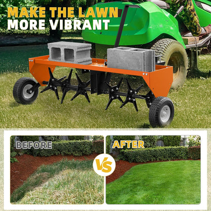 40" Lawn Aerator Tow Behind, Pull Behind Aerator with Universal Hitch, 24 Galvanized Steel Tines, Tray and Pneumatic Tires, Plug Behind Aerator is Suitable for Gardens, Lawns and Farms