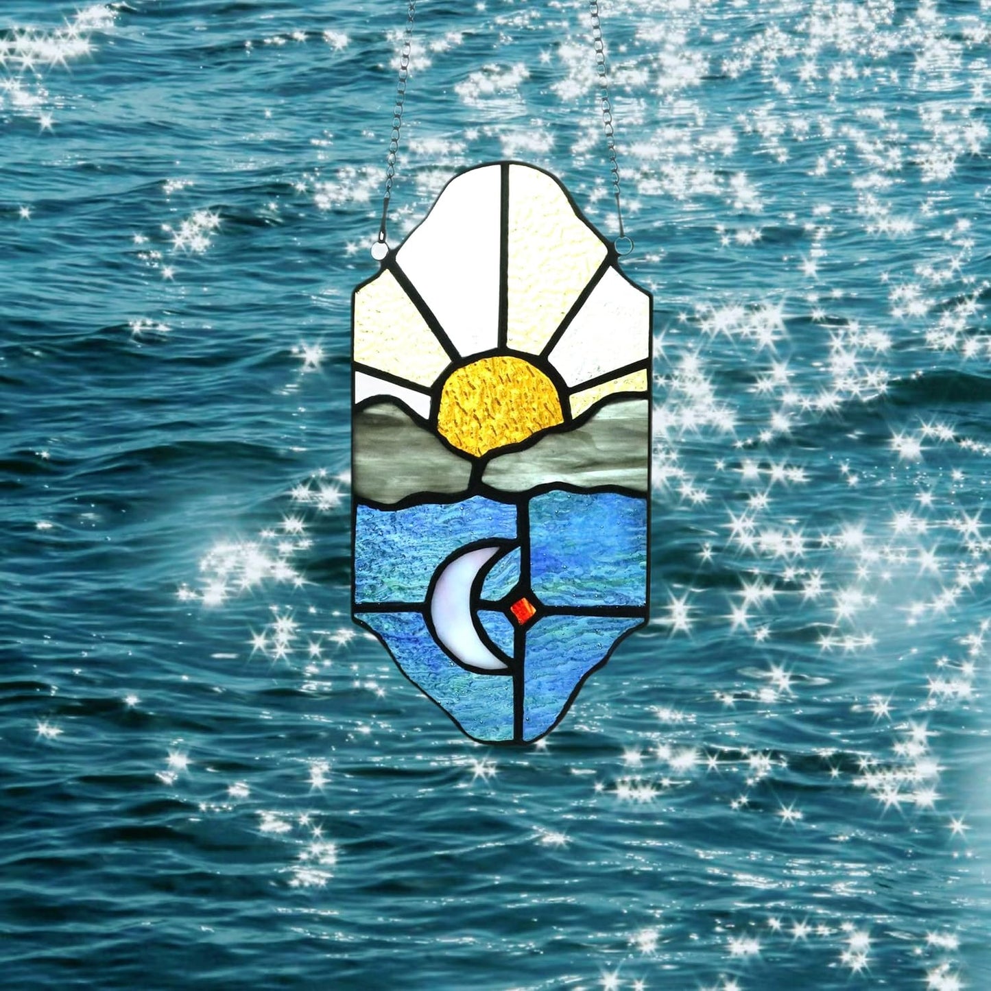 Sun and Moon Suncatchers Decor Stained Glass for Window Hangings,Handcrafted Tiffany Style Stained Glass Art Sun and Moon in The Sky for Living Room Bedroom Balcony (Blue&Yellow)