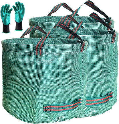 Professional 3-Pack 106 Gallons Lawn Garden Bags (D31, H31 inches) Reusable Yard Leaf Waste Bags with Coated Gardening Gloves - Storage Bag,Patio Bag,Laundry Container,Trash Can with 4 Handles
