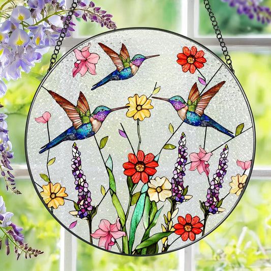 8 Inch Hummingbirds Stained Glass Suncatcher, Stained Glass Window Hanging, Window Hanging Decor