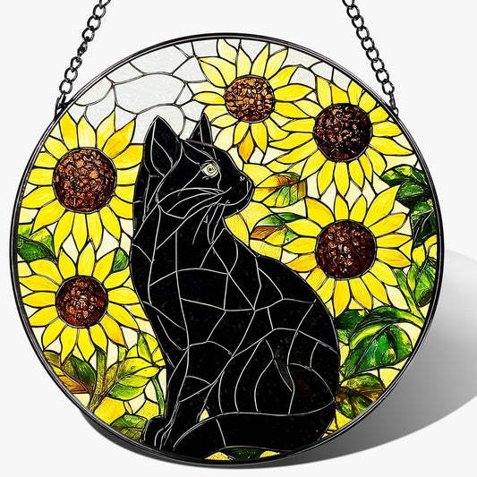 Stained Glass Window Hanging, Pauyadu 8 Inch Sunflower Black Cat Stained Glass Suncatcher, Cats