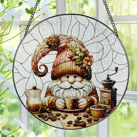 Stained Glass Window Hanging, Pauyadu Charming Gnome Sun Catchers, Stained Glass Suncatcher, Gnome
