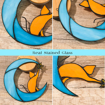 Stained Glass Cat on Moon Pick Star Window Hanging Suncatchers Memorial Gift Decor for Women (Orange Cat on Blue Moon)