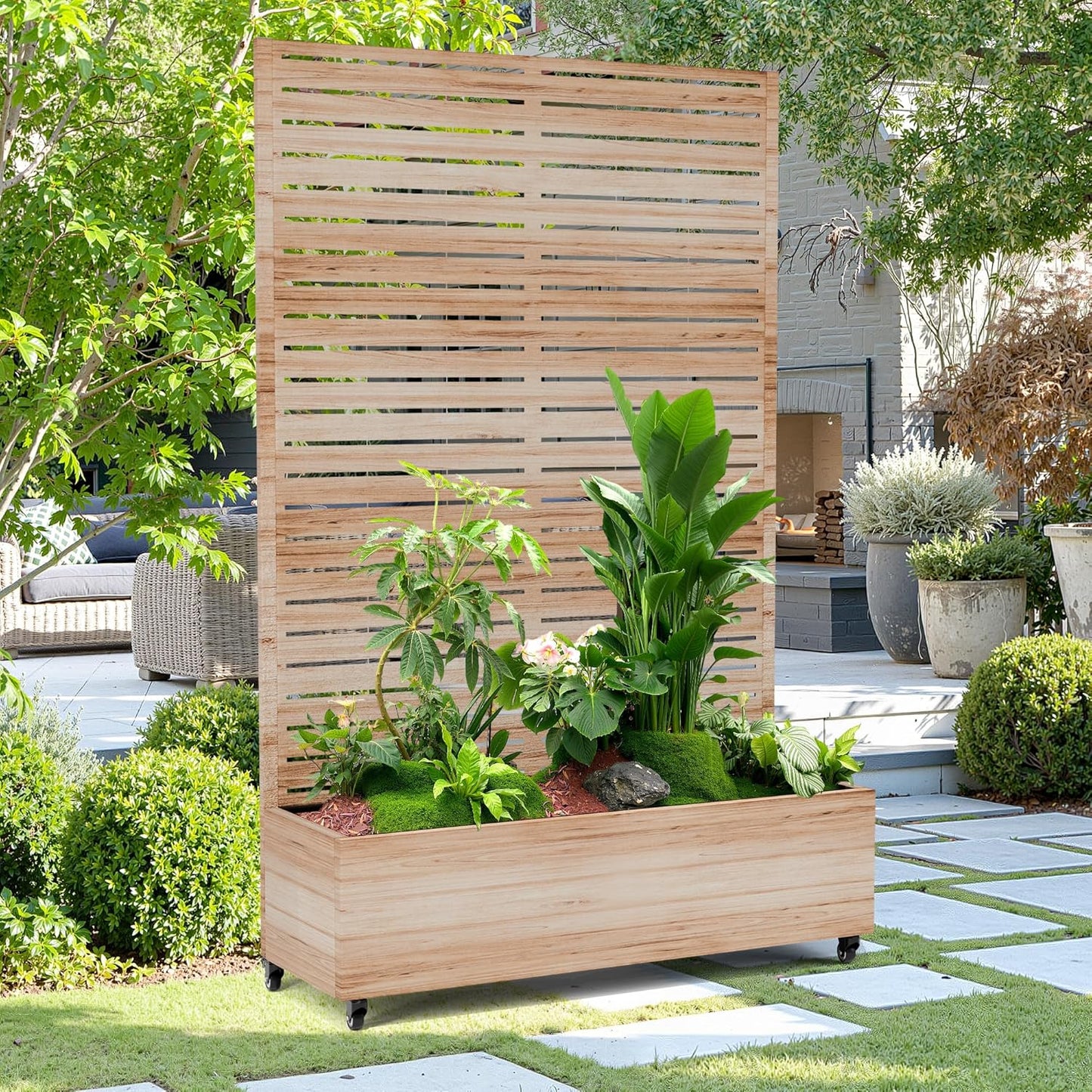 15.7"×70.9"×47.2" Metal Raised Garden Bed with Trellis and Wheels - Tall Trellis Planter Box for Climbing Plants, Vegetables & Vines - Outdoor Privacy Planters for Patio (Acacia Wood Grain)
