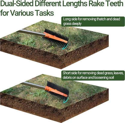 Thatch Rake for Lawns 18 Sharp Tempered Spring Steel Tines Dethatcher Rake Heavy Duty Dethatching Rakes with 62.5" Adjustable Stainless Steel Handle for Lawn Care，Dead Grass, Garden, Yard