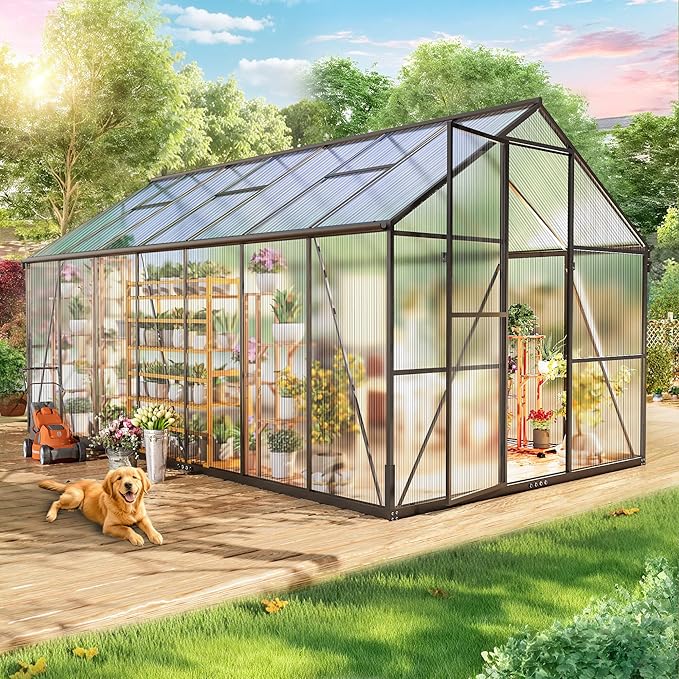 Wanan 14x8FT Greenhouses for Outdoors, Quick Assembly Polycarbonate Green House with UV Protection, Heavy Duty Windproof Aluminum Frame, Adjustable Roof Vent for Backyard or Outdoor Garden Use