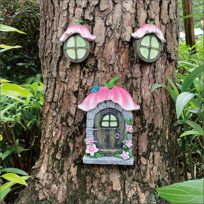 Fairy Garden Door and Windows for Trees,Resin Fairy House Kit,Glowing in The Dark,Miniature Accessories for Tree Stump, Outdoor Yard, Lawn, and Garden Decor.
