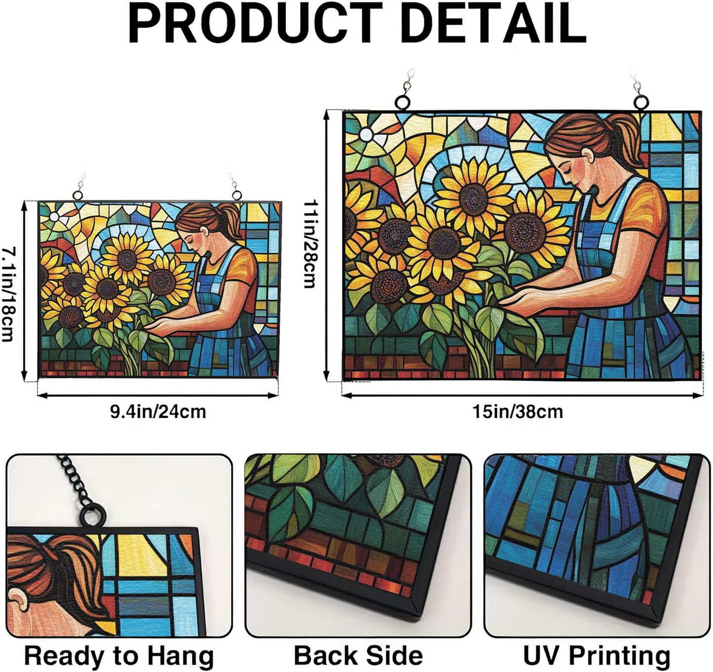 Customized Rectangle Boho Florist Arranging Sunflowers Stained Glass Window Hanging, Suncatcher for Women, Stained Glass Window Decor Perfect Home Décor