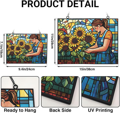 Customized Rectangle Boho Florist Arranging Sunflowers Stained Glass Window Hanging, Suncatcher for Women, Stained Glass Window Decor Perfect Home Décor