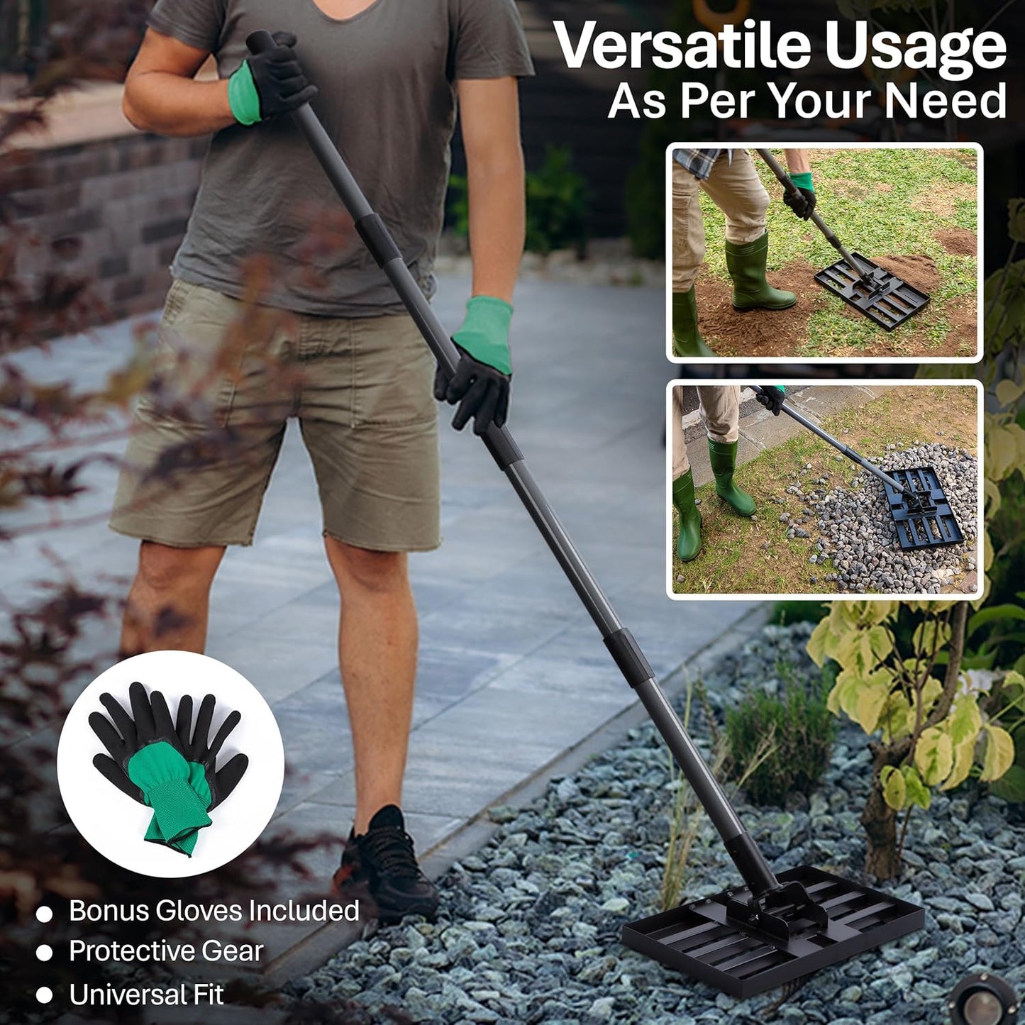 Lawn Leveling Rake with Work Gloves - Heavy-Duty Yard Leveling Rake - 17" X 10" Lawn Leveler Rake with 6.5ft Adjustable Pole - Quick to Assemble Rakes for Lawns and Garden