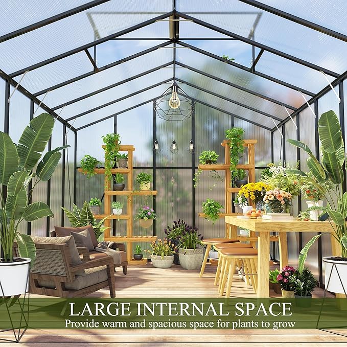 92in High 10*12FT Greenhouse for Outdoors,Polycarbonate Greenhouse with Stronger Wind Protection and Roof Vent,Walk-in Large Aluminum Sunroom Winter Proof,Black