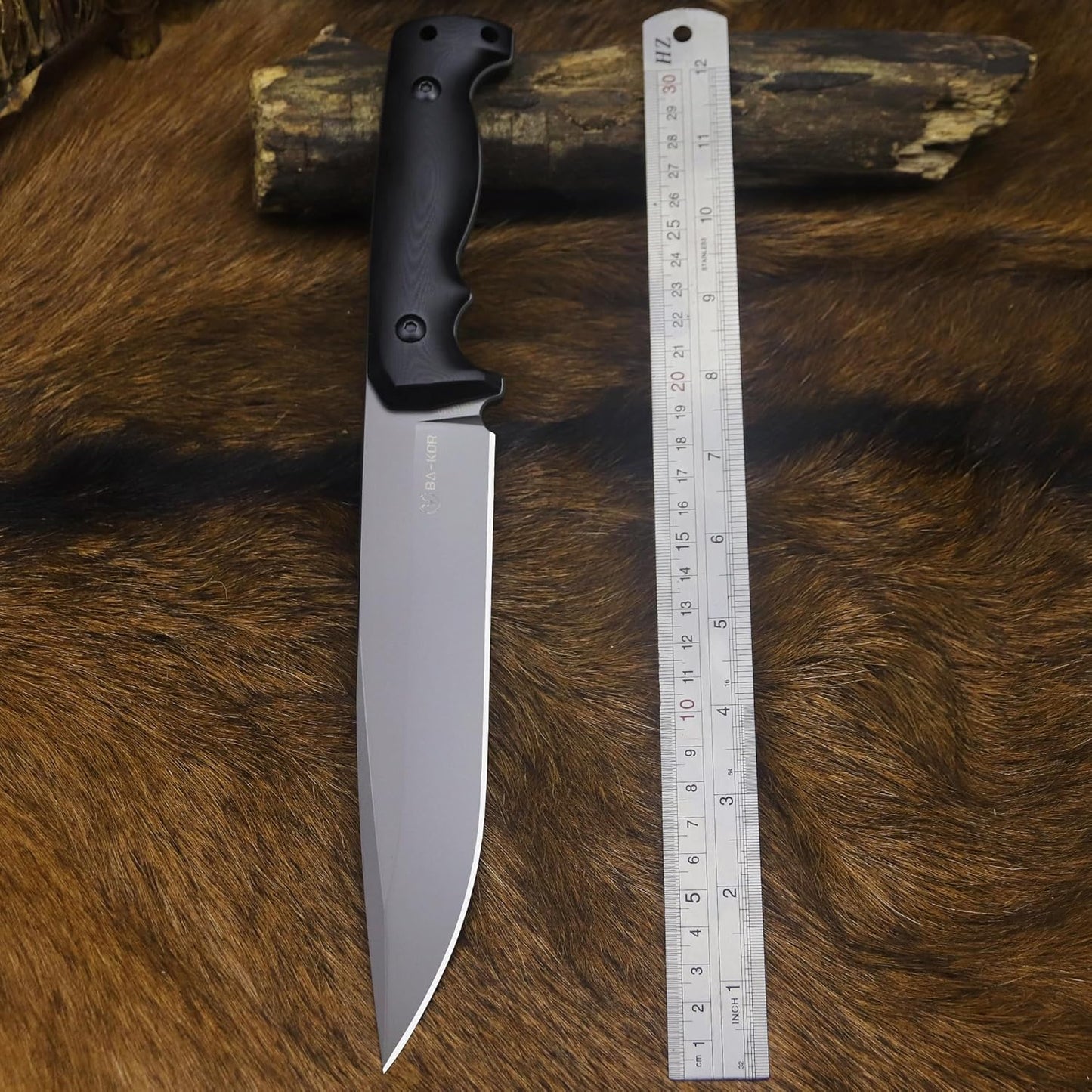 BA-KOR 5mm (9CR18MOV) steel 12.4" full tang hunting knife+K sheathing &5.9" cerium igniter Suitable for outdoor hunting, camping, wilderness survival, outdoor rescue, barbecuing, fishing, and as a gift