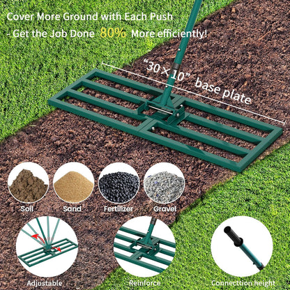 Lawn Leveling Rake Heavy Duty Stainless Steel Lawn Leveling Tool 30”x10” with 78” Adjustable Long Handle Leveling Rake for Soil,Ground,Backyard,Golf Field,Garden Tools Grass Seed Landscaping