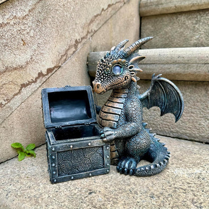 Garden Dragon Statue Solar Powered Outdoor Figurine Light Decor Cute and Hold Glowing Treasure Chest Resin Sculpture Home Decoration for Porch Patio Lawn Farm Yard Housewarming Ornament Gift