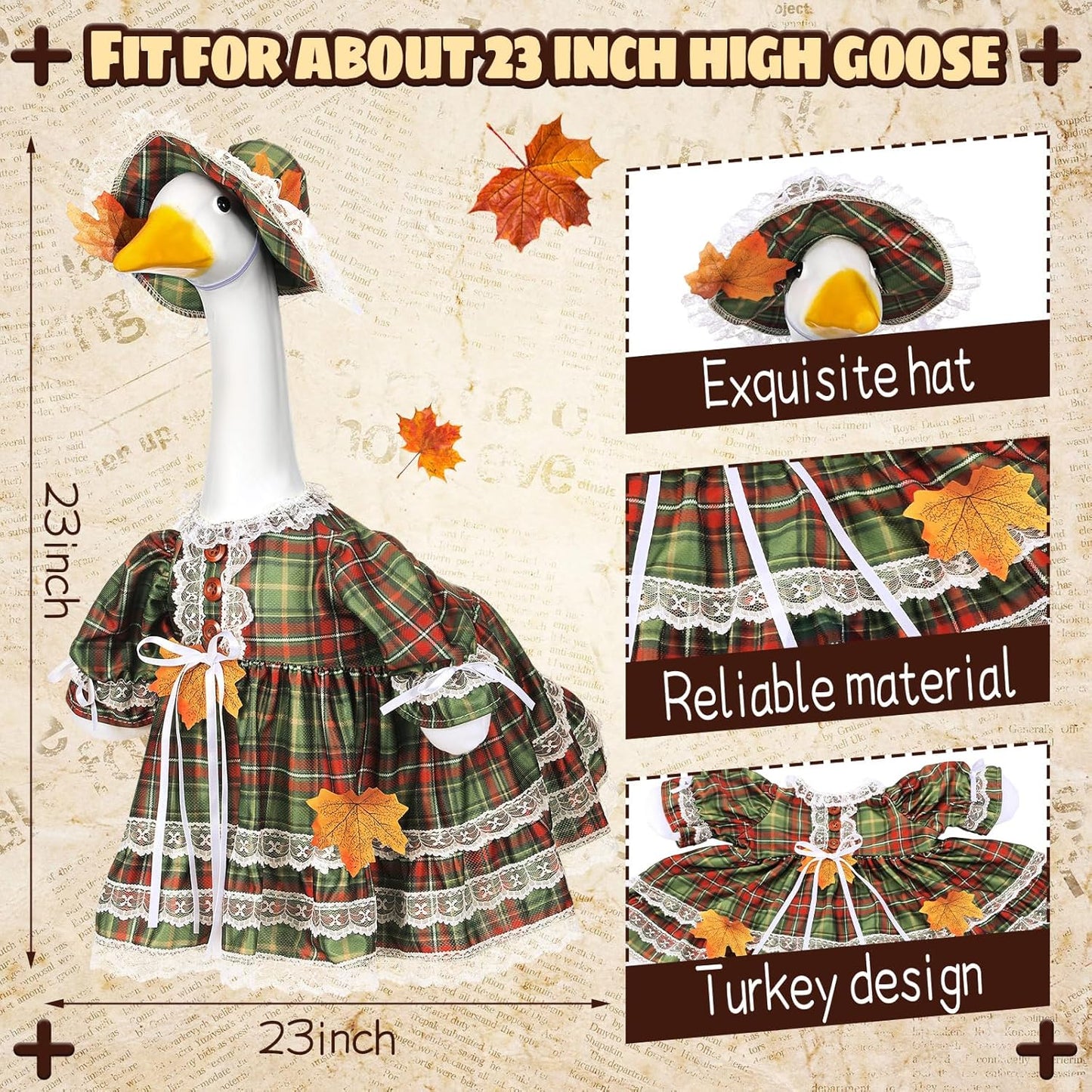 Suzile Fall Porch Goose Outfit Autumn Clothes for 23" High Cement or Plastic Goose Costume Plaid Dresses for Yard Lawn Outdoor Garden Patio Statue Thanksgiving Day Xmas Holiday Decor