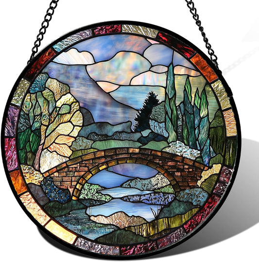 Stained Glass Window Hanging, Blue Landscape Arch Bridge Sun Catcher for Door Home Decor Suncatcher