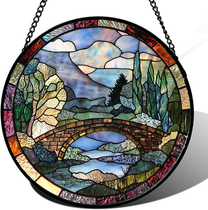 Stained Glass Window Hanging, Blue Landscape Arch Bridge Sun Catcher for Door Home Decor Suncatcher Christmas Mother's Day Birthday Gifts for Women Men Mom and Nana 9.8 in