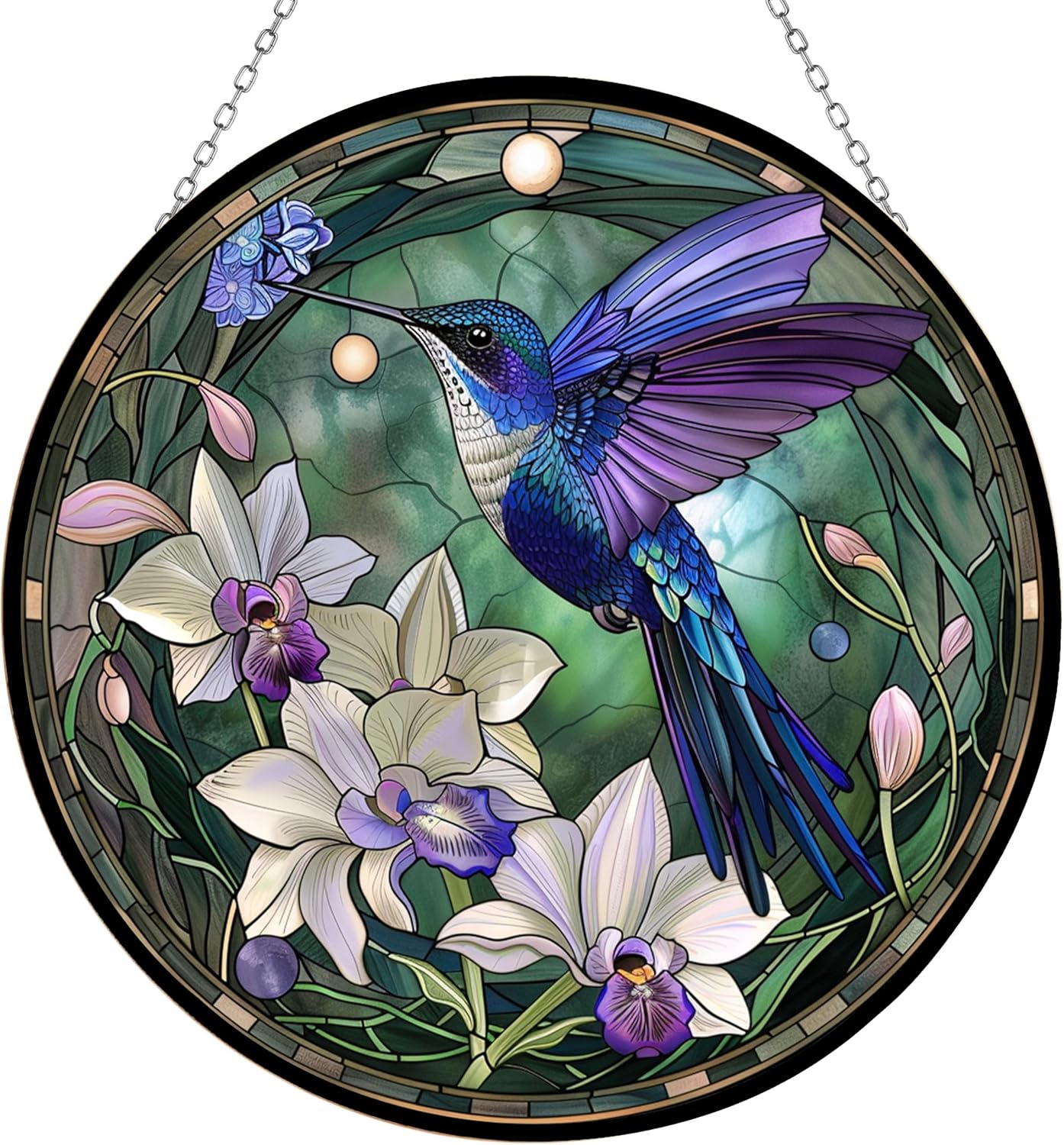 Hummingbird Stained Glass Window Hangings, Cat Butterfly Sunflower Handcrafted Stained Glass Suncatchers, Gift for Cat Lovers Nature Lovers (12”x12”)