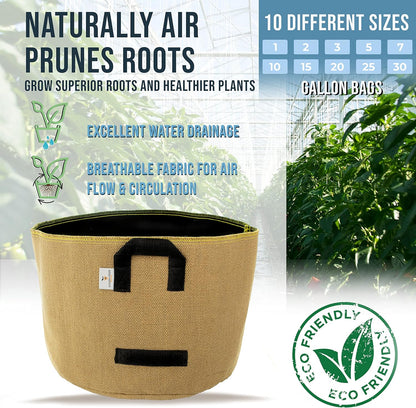 Grow Bags: 5-Pack (Size: 20 Gallon): Thick Jute Material + Inside Felt Fabric Liner, w/Yellow Stitch. Very Biodegradable and eco-Friendly Material. (Handles + Dumping Handles-pat.Pend).