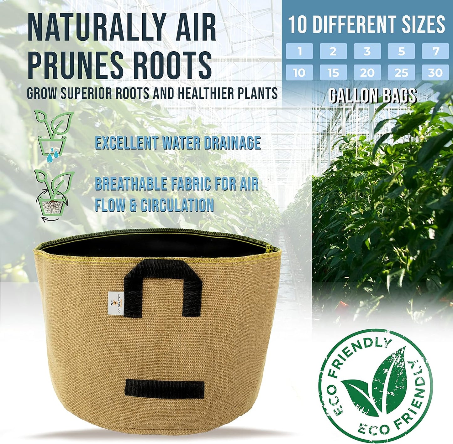 Grow Bags: 5-Pack (Size: 1 Gallon): Thick Jute Material + Inside Felt Fabric Liner, w/Yellow Stitch. Very Biodegradable and eco-Friendly Material. (Handles + Dumping Handles-pat.Pend).
