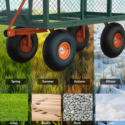 Versatile Garden Cart for Lawn and Yard with Heavy Duty Steel, 900 Lbs Capacity Mesh Steel Garden Cart Folding Utility Wagon with Removable Side Panels, Long Handle, 10" Tires - Green and Orange