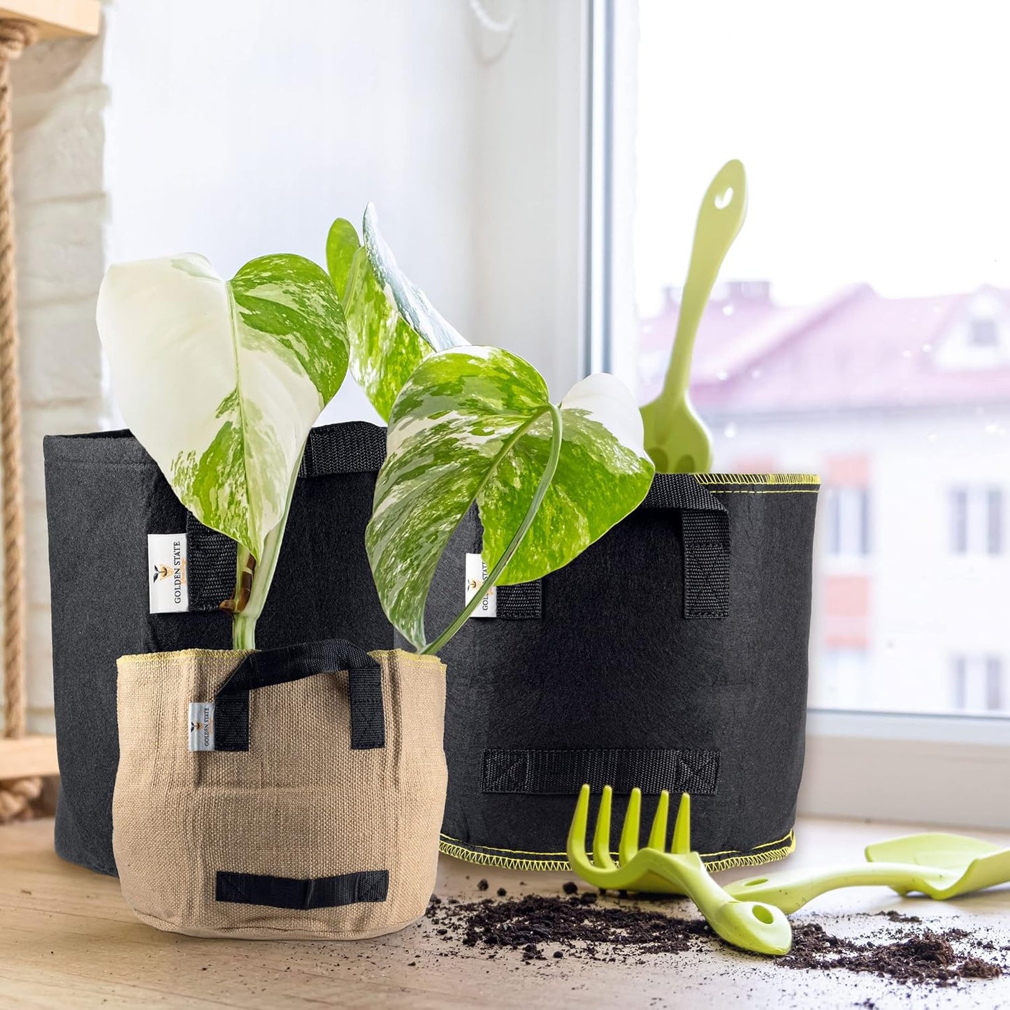 Grow Bags: 5-Pack (Size: 25 Gallon): 300gsm Black Felt Fabric w/Yellow Stitch, Biodegradable and eco-Friendly Material. (Handles + Dumping Handles-pat.Pend).