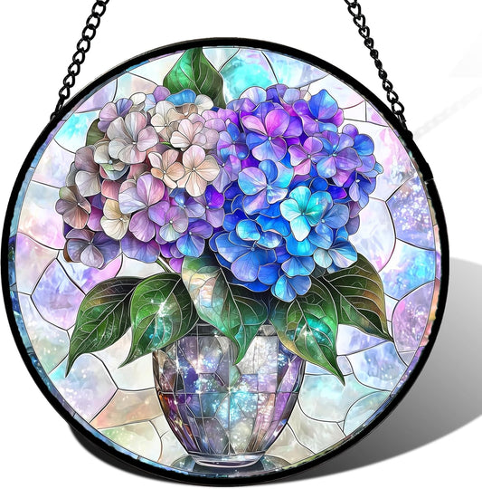 Stained Glass Window Hanging, Blue Purple Hydrangea Flowerpot Suncatcher for Doors Home Sun
