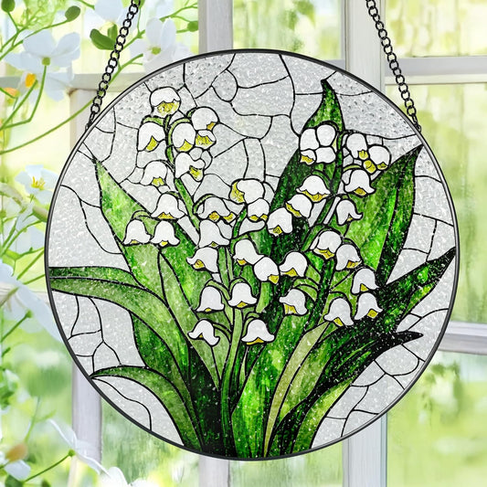 Lily of The Valley Flower Stained Glass Suncatcher, Stained Glass Window Hanging, 8 Inch Green