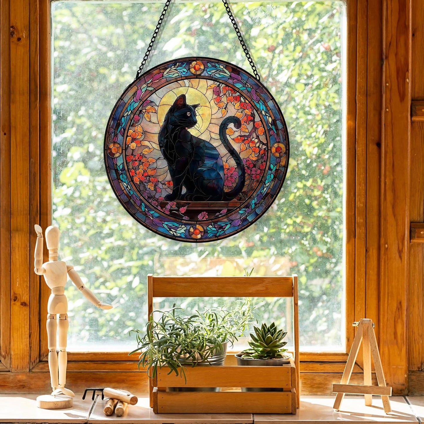 Black Cat Halloween Suncatcher Stained Glass Window Hanging, Gothic Black Cat Flower Sun Catchers Indoor Window Glass Round Wall Decor, Halloween Wall Art Hanging Decorations, ＂7.8x7.8＂