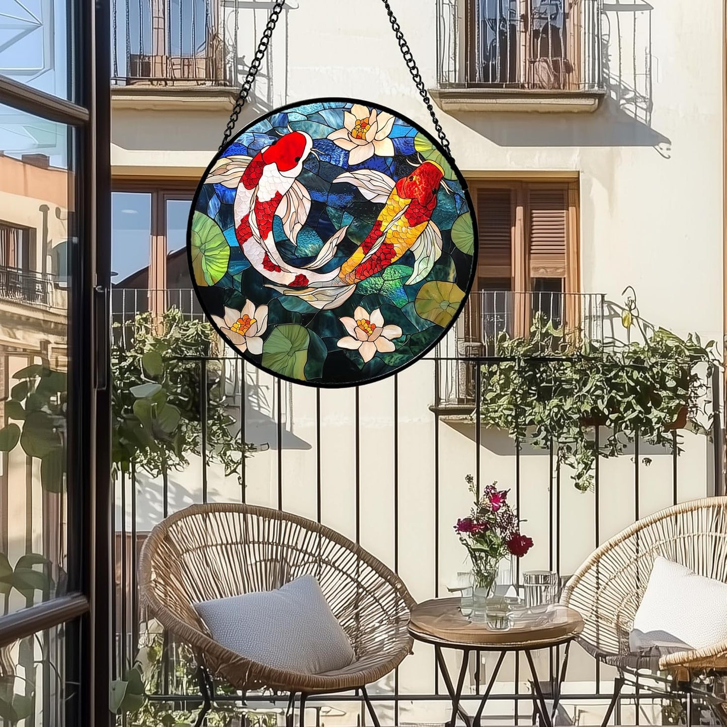 Stained Glass Window Hanging, Koi and Lotus Sun Catcher for Door Home Decor Fish Suncatcher Christmas Mother's Day Birthday Gifts for Women Men Mom and Nana 15 in
