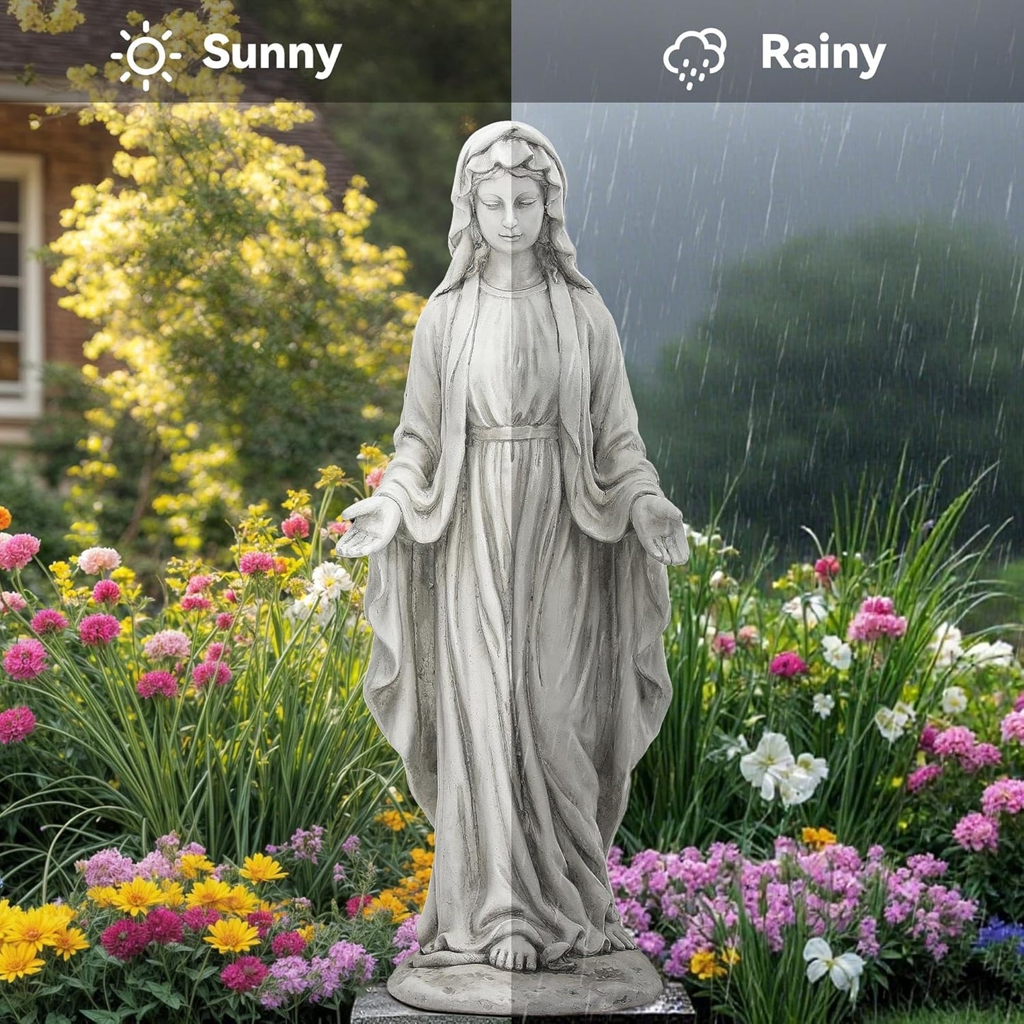 Virgin Mary Statue for Outdoor, Large 30 Inch Garden Sculpture Made of Durable Magnesium Oxide Stone, Religious Lawn Art for Yard,Patio, Finish for Peaceful Blessings Antique White
