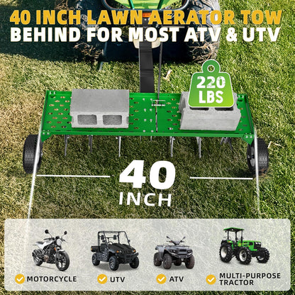 40" Lawn Aerator Tow Behind, Pull Behind Aerator with Universal Hitch, 24 Galvanized Steel Tines, Tray and Pneumatic Tires, Plug Behind Aerator is Suitable for Gardens, Lawns and Farms