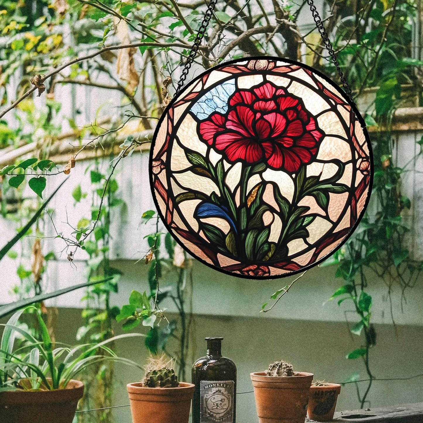 Stained Glass Window Hanging - Red Carnation Birth Flower Sun Catcher for Door Garden Home Decor Suncatcher Christmas Mother's Day Birthday Gifts for Women Men Mom Nana Friend Wife 9.8 in