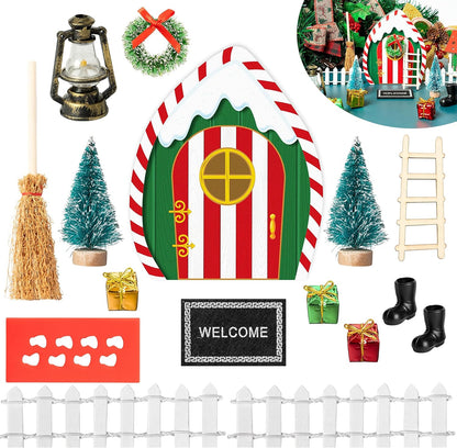 Haooryx Christmas Elf Garden Miniatures - 16Pcs Christmas Wooden Miniature Magic Fairy Doors Decoration Kit Elf Magic Door Wall Fairies Xmas Winter Xmas New Year Decor(Dripping Snow Doorframe)