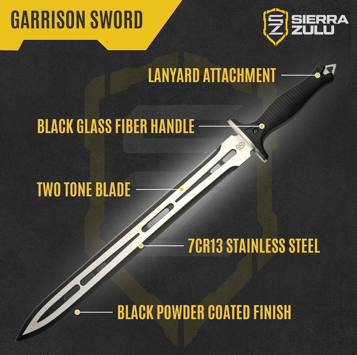Sierra Zulu Garrison Sword - 7CR13 Stainless Steel Blade, 27.0 inches Overall, 19.5” Blade with Two Tone Powder Coated Finish - Glass Fiber Handle, Tactical Nylon Sheath with Reversible Wear Strap