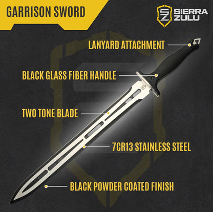 Sierra Zulu Garrison Sword - 7CR13 Stainless Steel Blade, 27.0 inches Overall, 19.5” Blade with Two Tone Powder Coated Finish - Glass Fiber Handle, Tactical Nylon Sheath with Reversible Wear Strap
