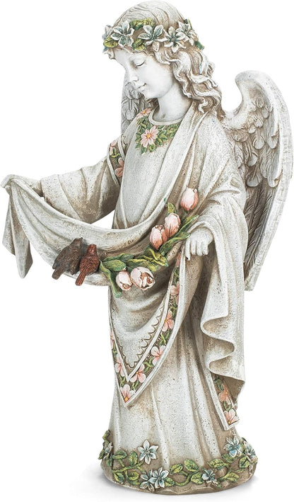 Roman Josephs Studio Inspirational Girl Angel Wearing Floral Trimmed Gown with Birds Garden Statue, 16.5-Inch