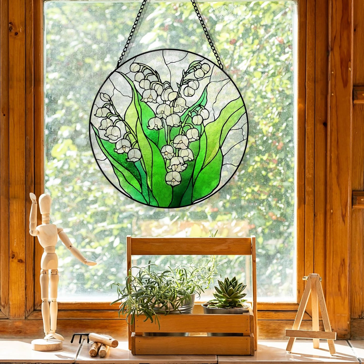 Lily of The Valley Flower Suncatcher Stained Glass Window Hanging, Lily of The Valley Sun Catchers Indoor Window Glass Round Wall Decor, Floral Wall Art Hanging Decorations, ＂7.8x7.8＂