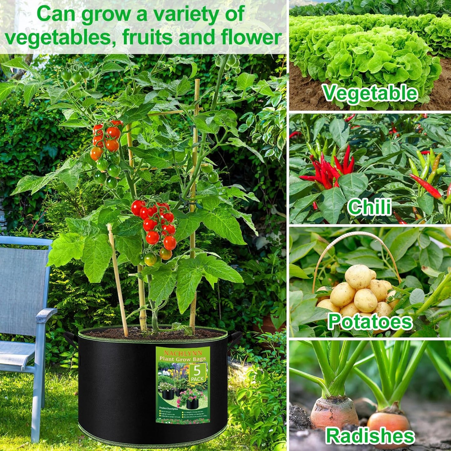 NACHLYNN 5-Pack 15 Gallon Grow Bags Thickened Nonwoven Fabric Pots Heavy Duty Aeration Fabric Pots with Handles Plant for Gardening Fruits Flowers Plant