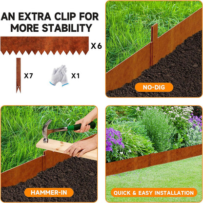 19.7ft.Cor-Ten Weathering Steel Landscape Edging(6 Pack)-8"x39.4"- Pre-Rusted Garden Edging with 7 Clips & Gloves - Durable,Flexible, Easy-to-Install for Landscaping,Tree Rings,Lawn & Garden