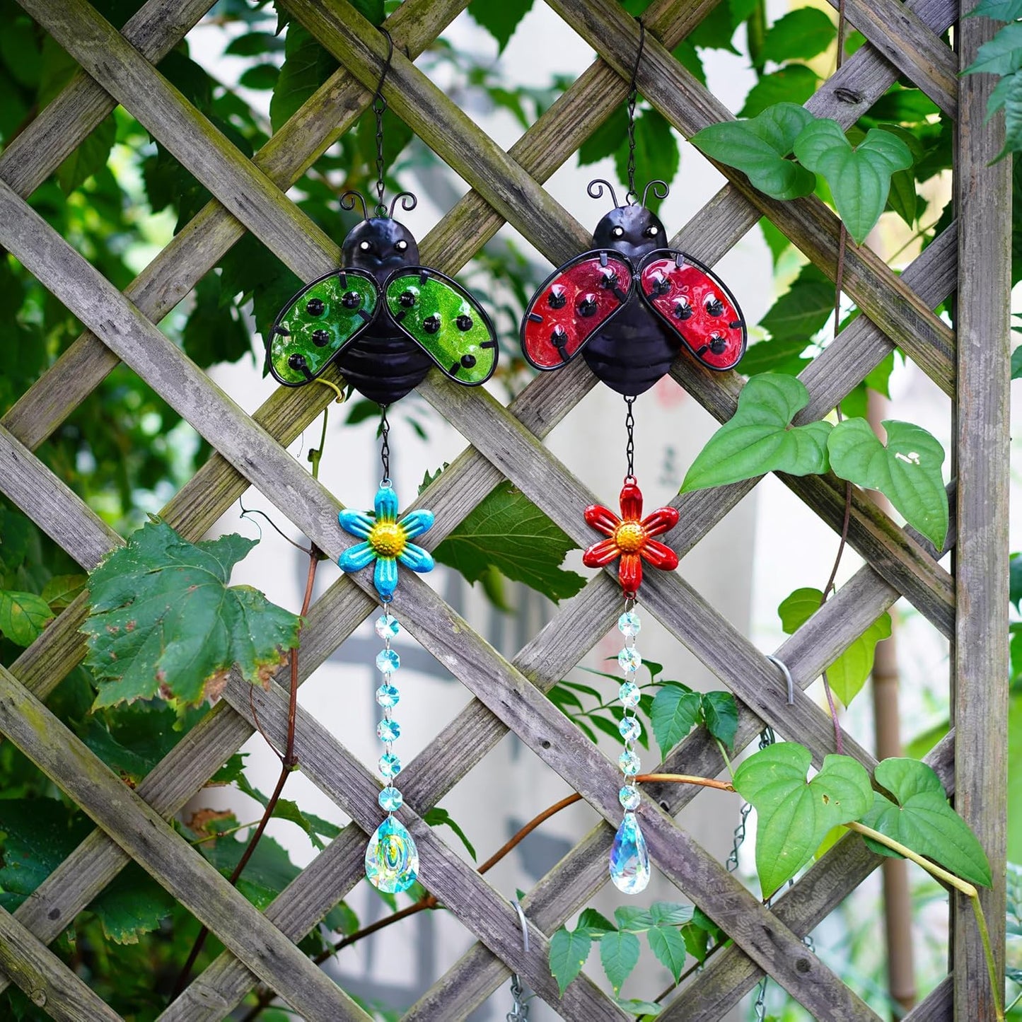 19'' Crystal Garden Suncatcher Decor Set 2 Stained Glass Metal Ladybugs Window Hanging Crystal Prisms Suncatcher for Outdoors Rainbow Maker (Red & Green)