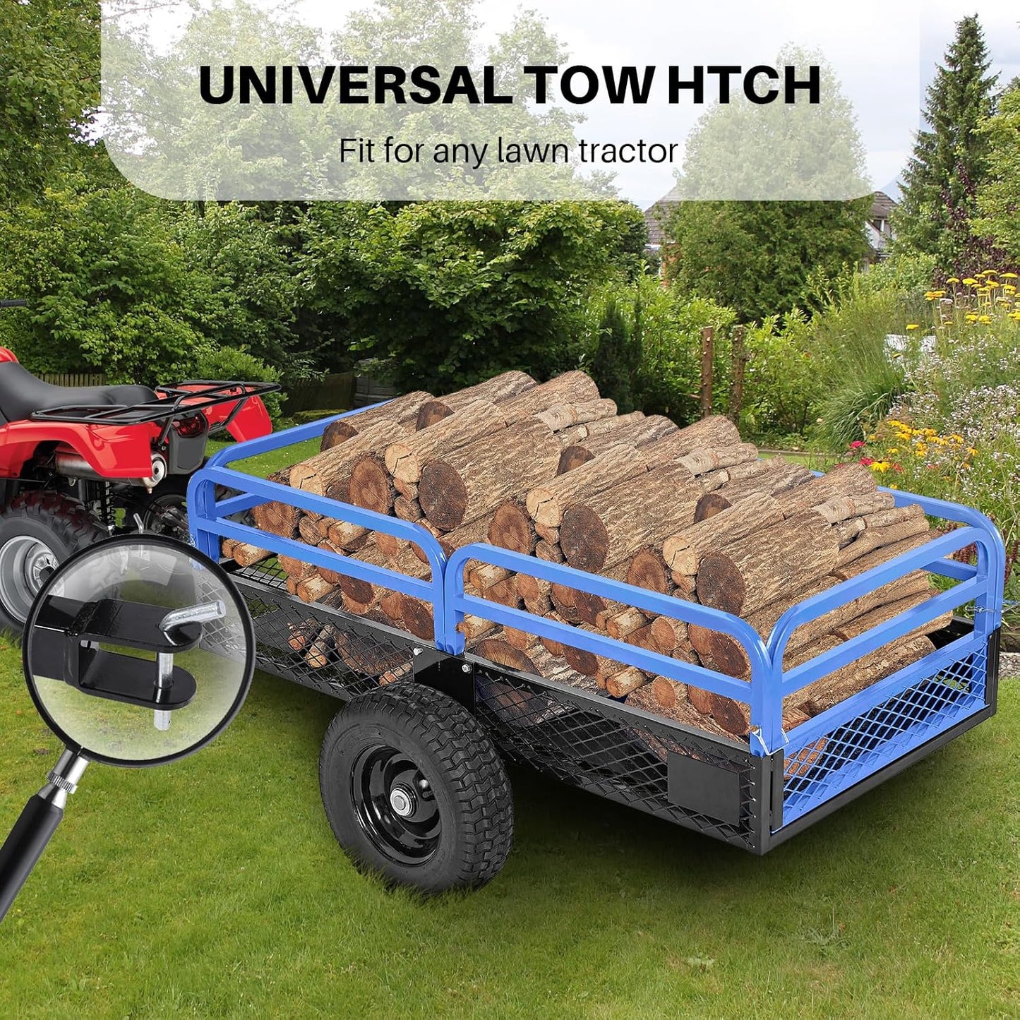 Heavy Duty Steel ATV Dump Trailer, 1500-Pound Load Capacity, Tow Behind Dump Cart Garden Trailer, with Removable Sides and 2 Tires, for Mowers, Tractors, ATV, UTV