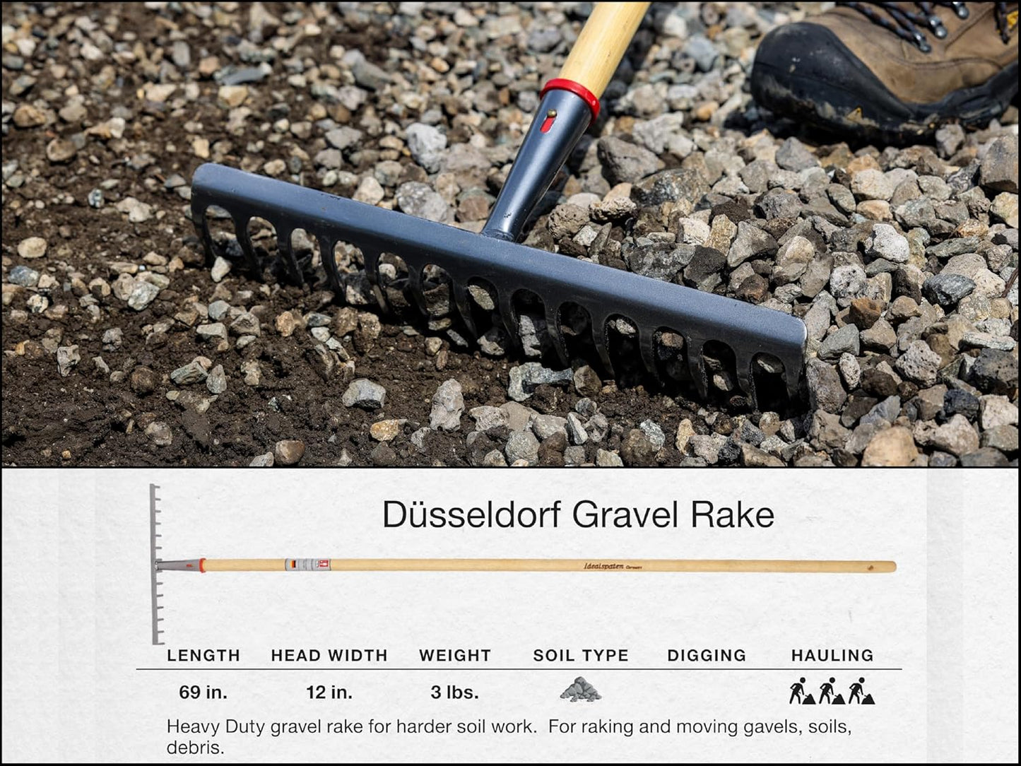 IDEALSPATEN - Made in Germany Since 1899 - Düsseldorf Gravel Rake - Landscape Tool Gravel Rake Rocks Debris, Ash Handle, 4lb - 69in (Düsseldorf)#IS430